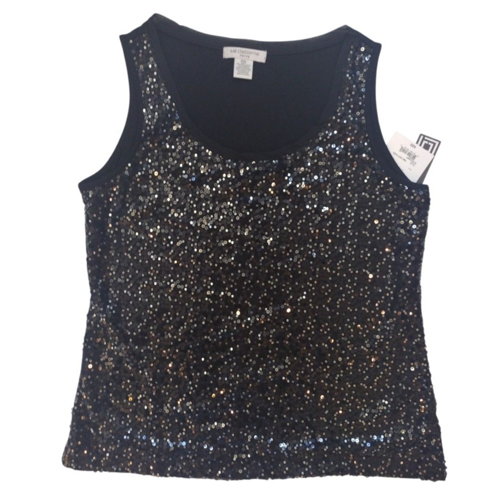 Liz Claiborne Sequins Thank Top Woman PXL Black Combo Night Out Party Lined